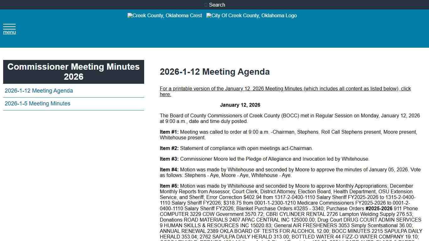 2026-1-12 Meeting Agenda - Creek County Oklahoma